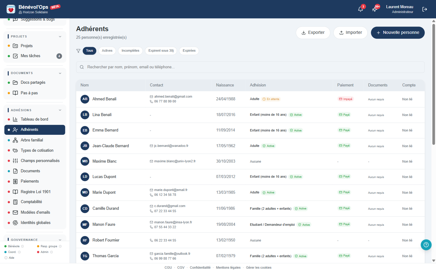 Registre des adhérents dans BenevolOps avec liste des membres et outils de gestion