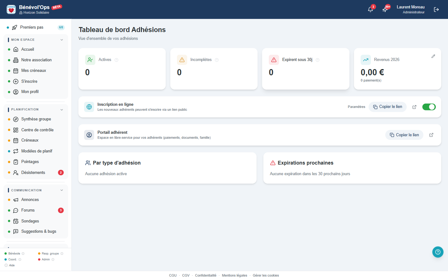 Tableau de bord adhésions dans BenevolOps avec inscription en ligne, QR code et statistiques