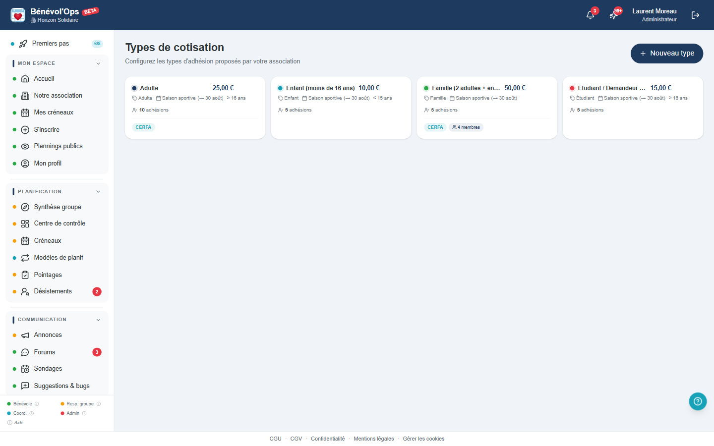Page de configuration des types d'adhésion dans BenevolOps avec tarifs personnalisables