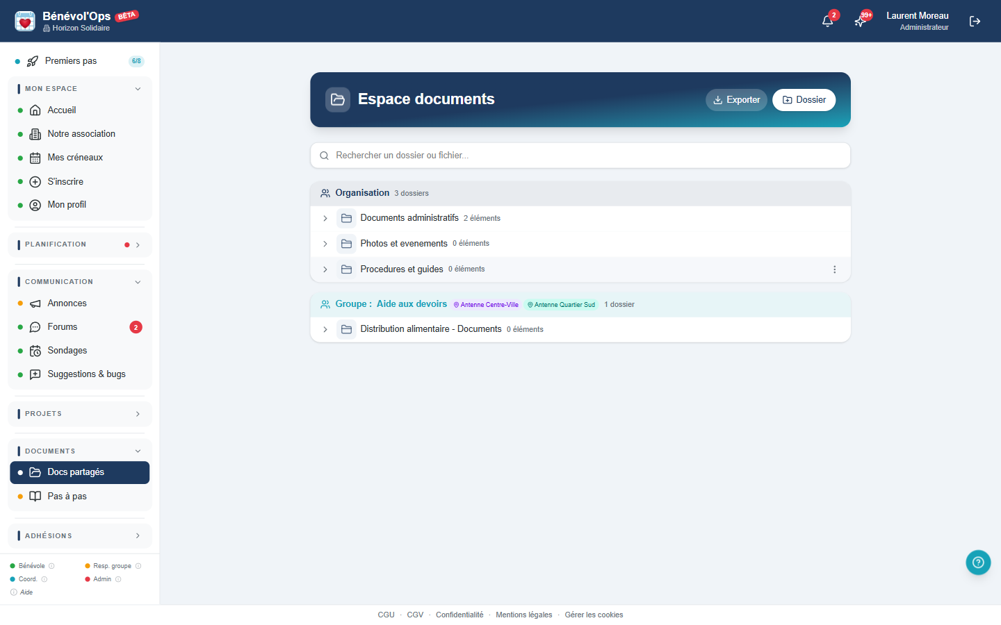 Espace de documents partagés dans BenevolOps avec arborescence de dossiers par activité