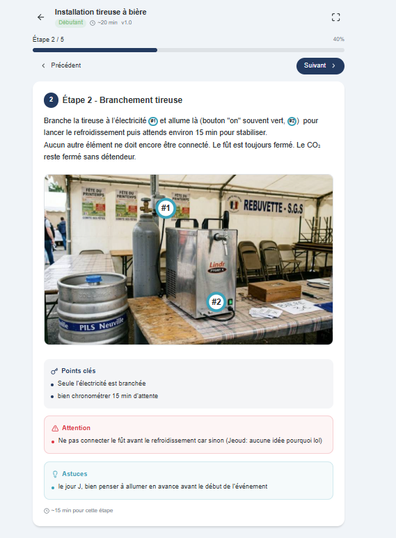 Étape 2 d'une fiche pas à pas BenevolOps : branchement de la tireuse à bière avec photo terrain montrant l'installation réelle, instructions détaillées et points d'attention