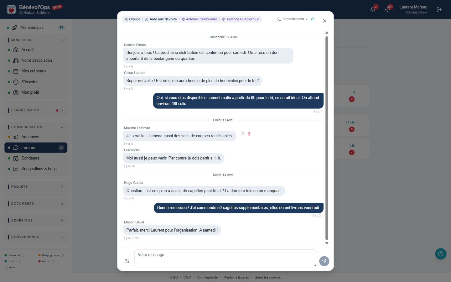 Discussion dans un forum BenevolOps entre bénévoles avec messages et réponses