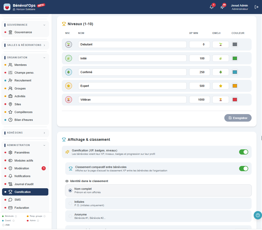 Configuration des niveaux de progression personnalisables dans BenevolOps