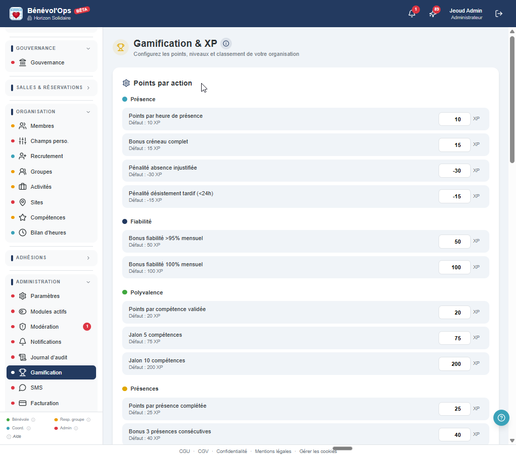 Configuration des points d'expérience par action (présence, remplacement, ancienneté) dans BenevolOps