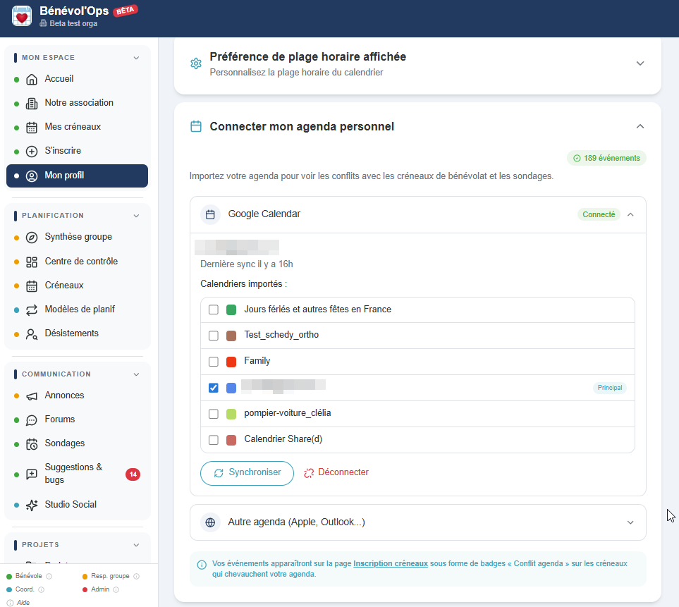 Section Mon Profil de BenevolOps montrant le bouton de connexion Google Calendar avec la liste des calendriers personnels sélectionnables pour la synchronisation en lecture seule