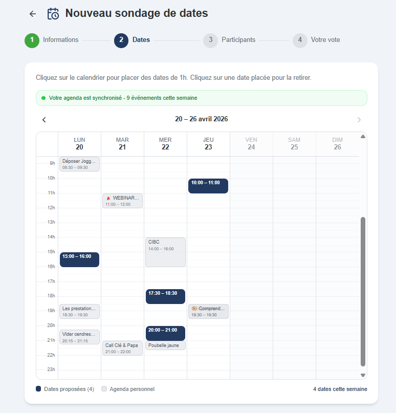 Sondage de dates BenevolOps avec vue calendrier intégrée : les dates proposées apparaissent en vert et les événements Google Calendar personnels en gris pour détecter les conflits instantanément