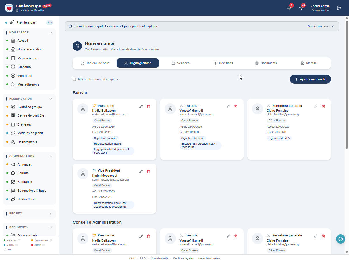 Organigramme de l'association dans BenevolOps montrant le bureau et le conseil d'administration
