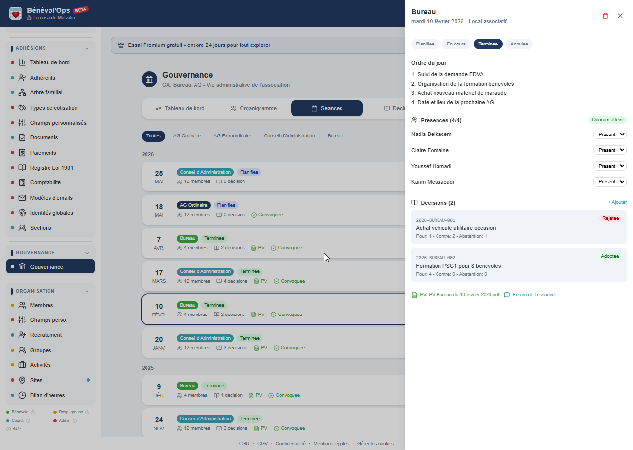 Liste des séances et assemblées générales dans BenevolOps avec statuts et dates