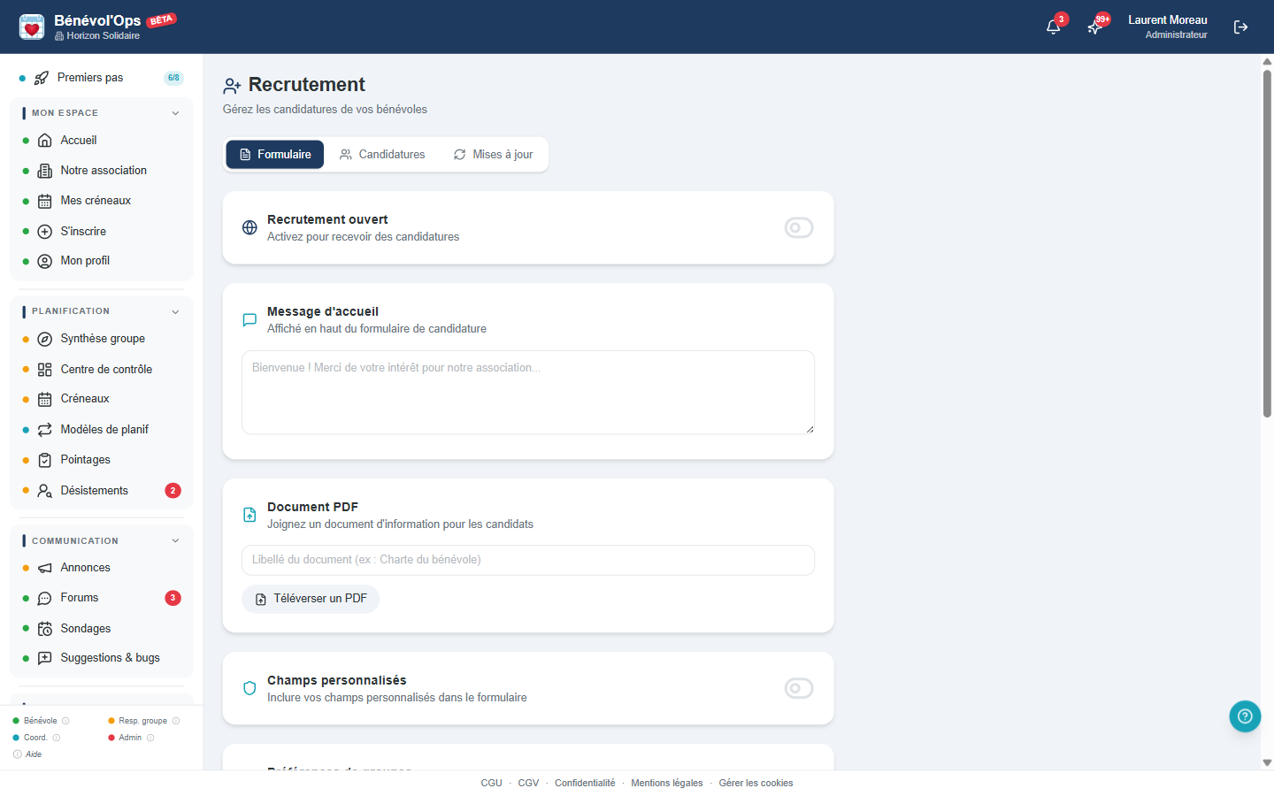 Page d'administration du recrutement dans BenevolOps avec configuration du formulaire, message d'accueil et options