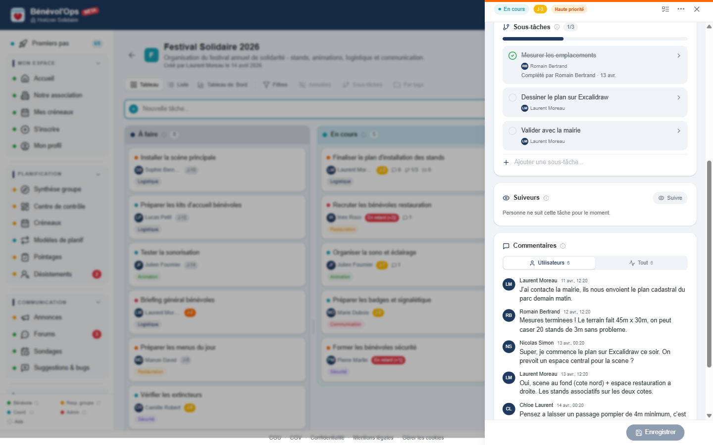 Detail d'une tache dans Benévol'Ops avec sous-taches, responsable assigne et fil de commentaires entre benevoles