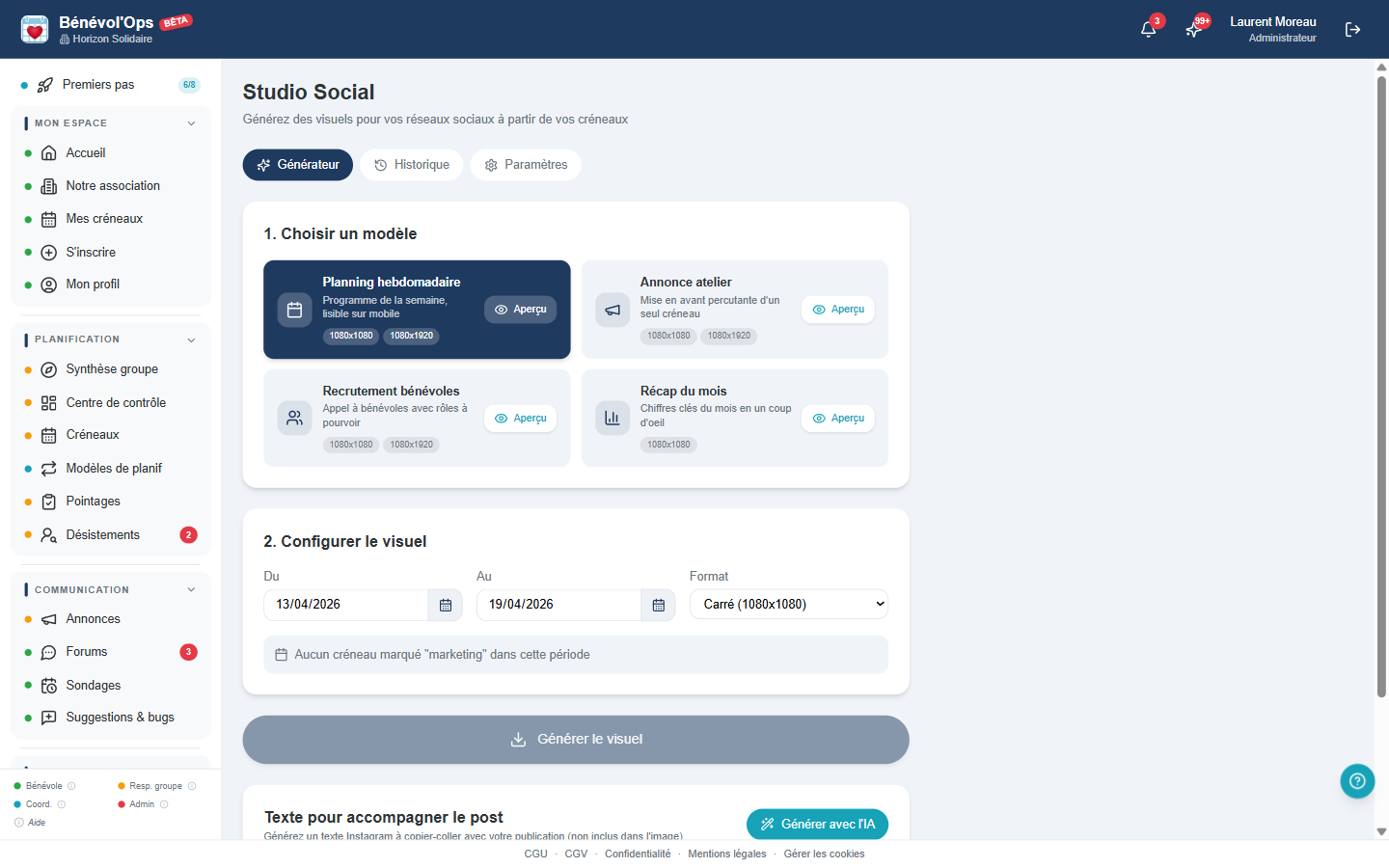 Générateur de visuels du Studio Social dans BenevolOps avec templates, personnalisation et prévisualisation