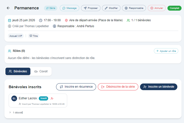 Vue BenevolOps — organisation d'un créneau et bénévoles inscrits