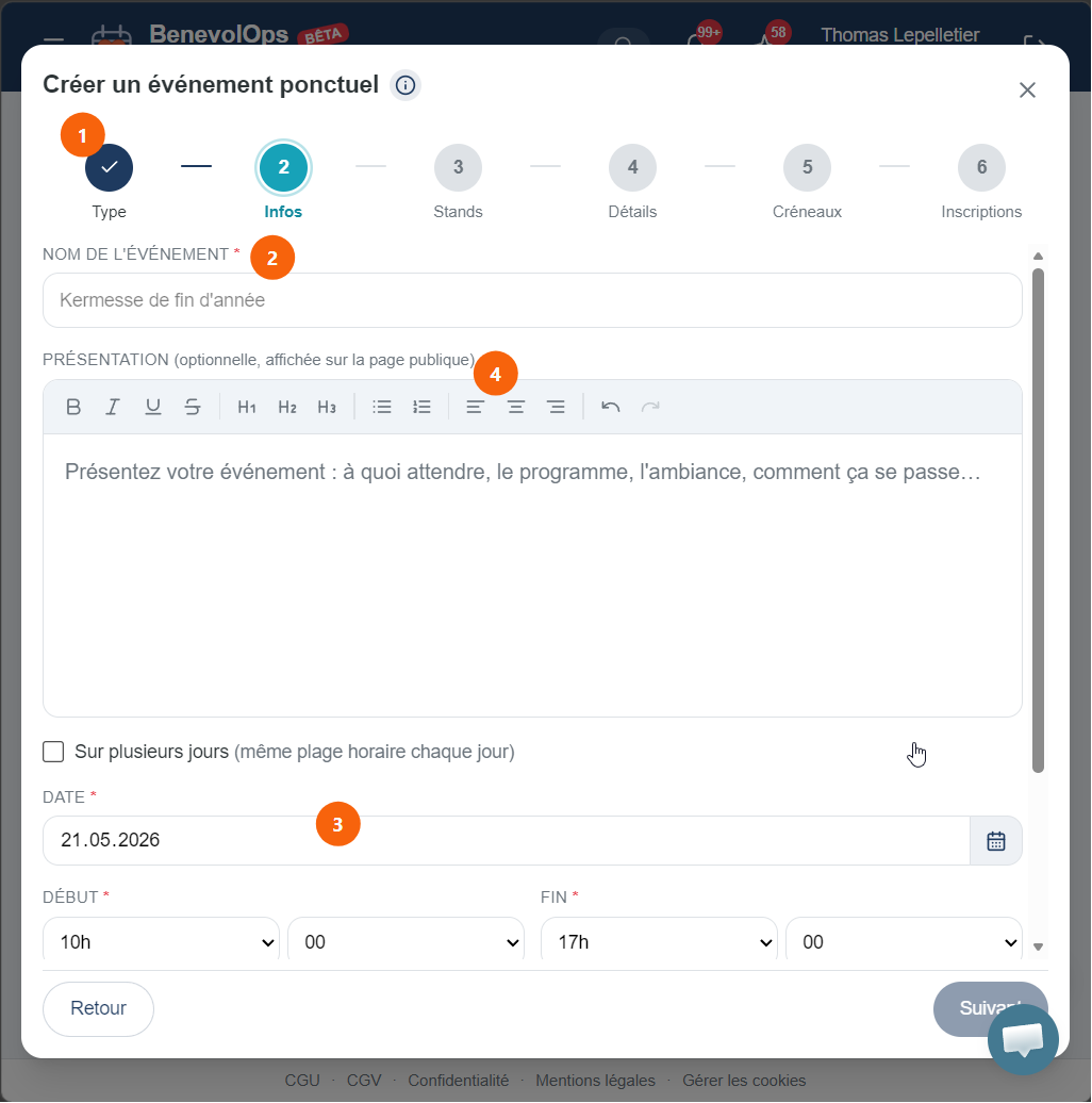 Écran Infos de l'assistant de création d'événement : stepper 1-6 avec Infos actif, nom de l'événement, présentation, date et horaires