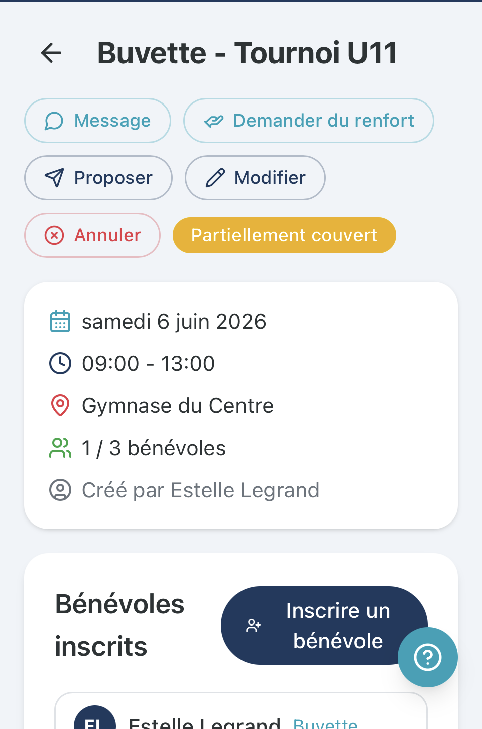 Planning hebdo BenevolOps — entraînements et matchs des équipes U9, U11 et Seniors