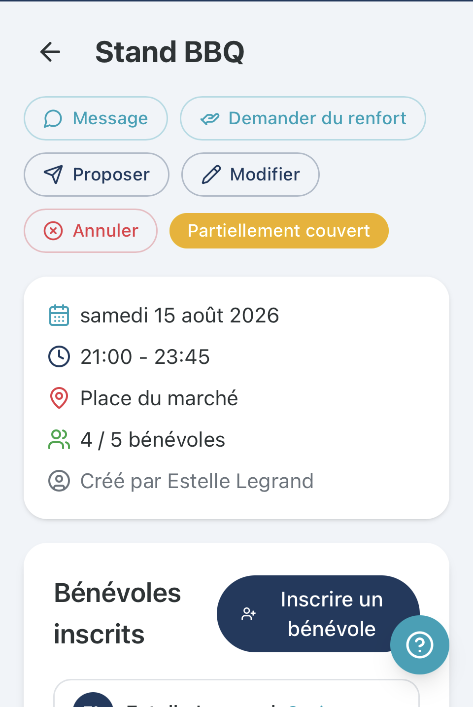 Planning hebdo BenevolOps — stands restauration, animations, buvette, sécurité, installation, rangement