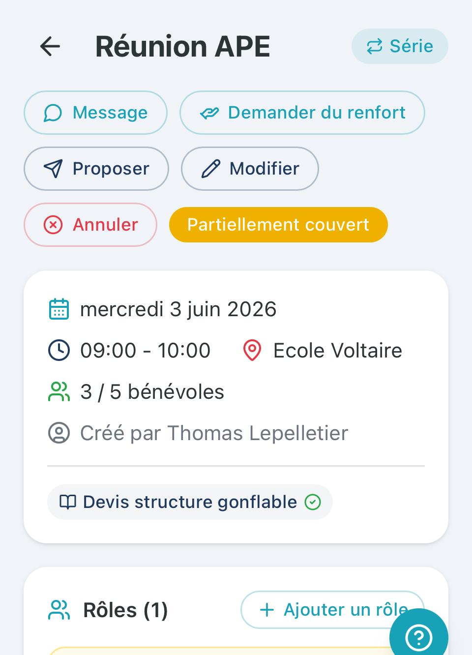 Planning hebdo BenevolOps — commissions kermesse, marché de Noël, vide-grenier, café parents