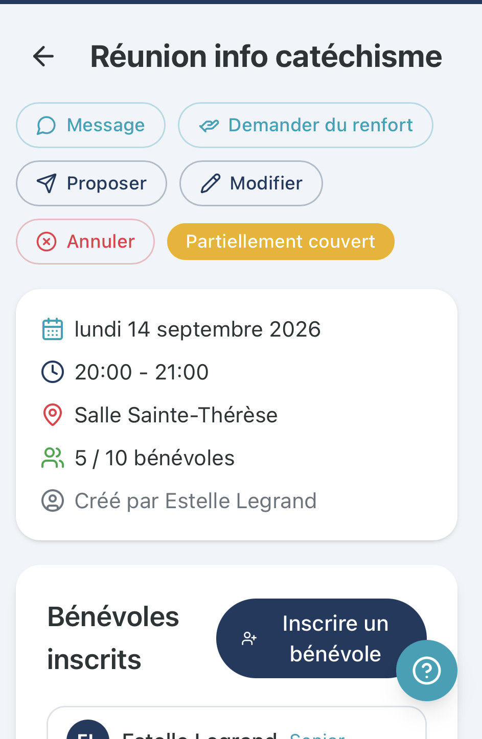 Planning hebdo BenevolOps — équipes catéchistes, servants de messe, accueil, Caritas