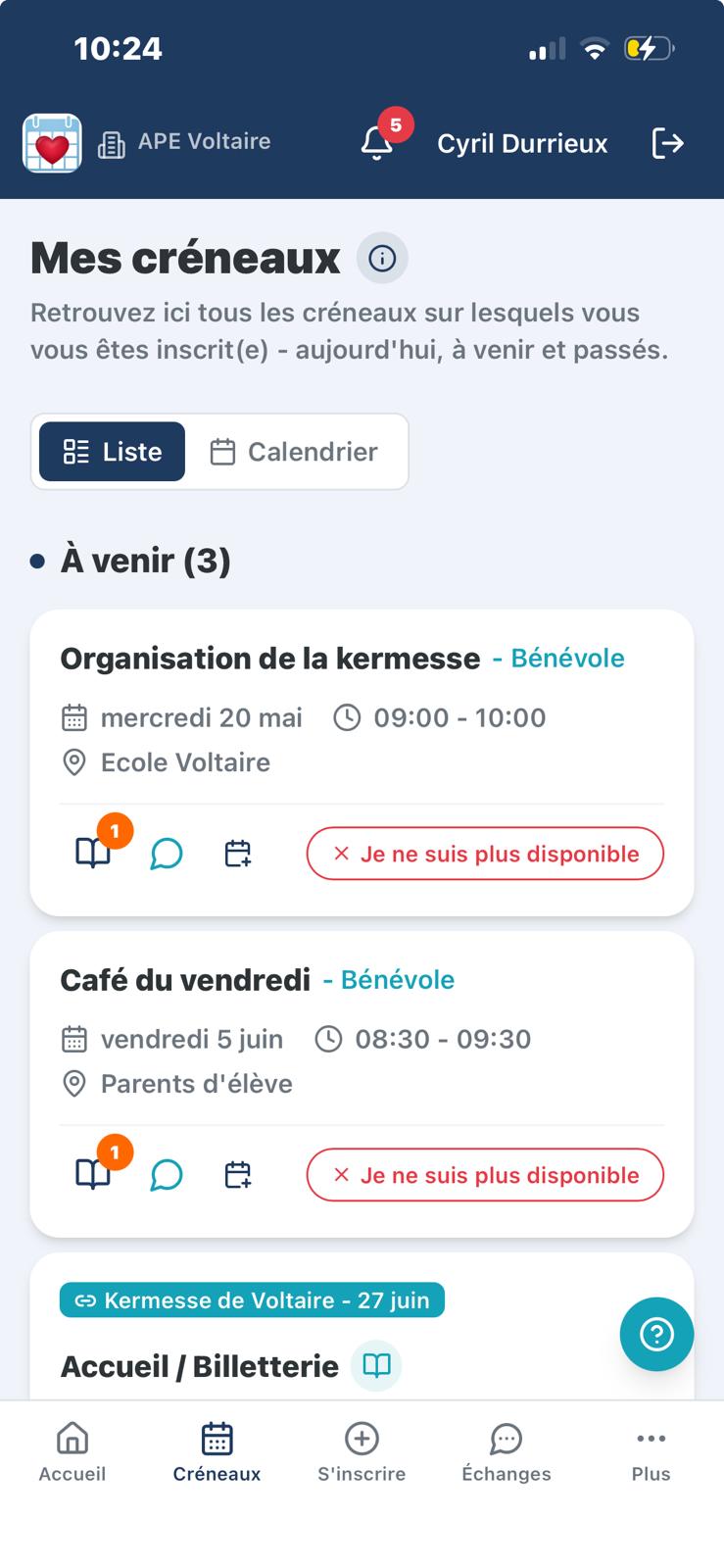 Application BenevolOps - vue Mes créneaux : kermesse, café du vendredi, accueil/billetterie
